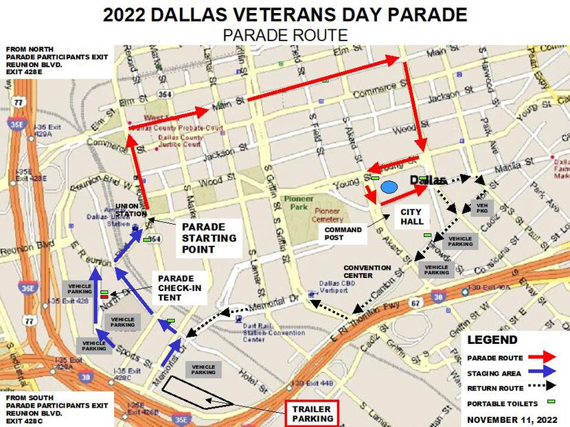 Ruta del desfile del Día de Veteranos en el Centro de Dallas.