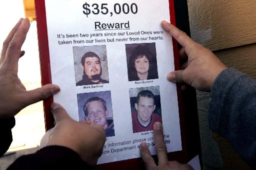 A flyer offering a reward for information on the murders of Mark Barbosa, Rosa Barbosa, Matt...