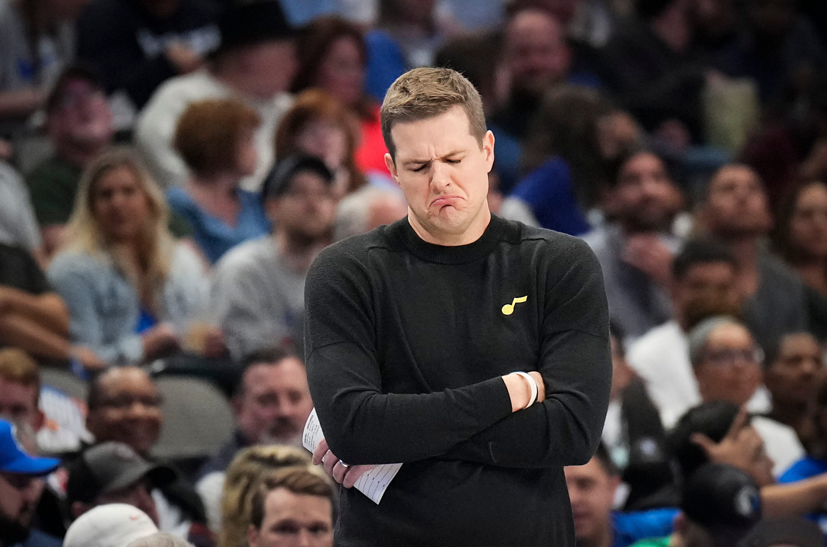 Utah Jazz coach Will Hardy reacts to a call during the first half of an NBA basketball game...