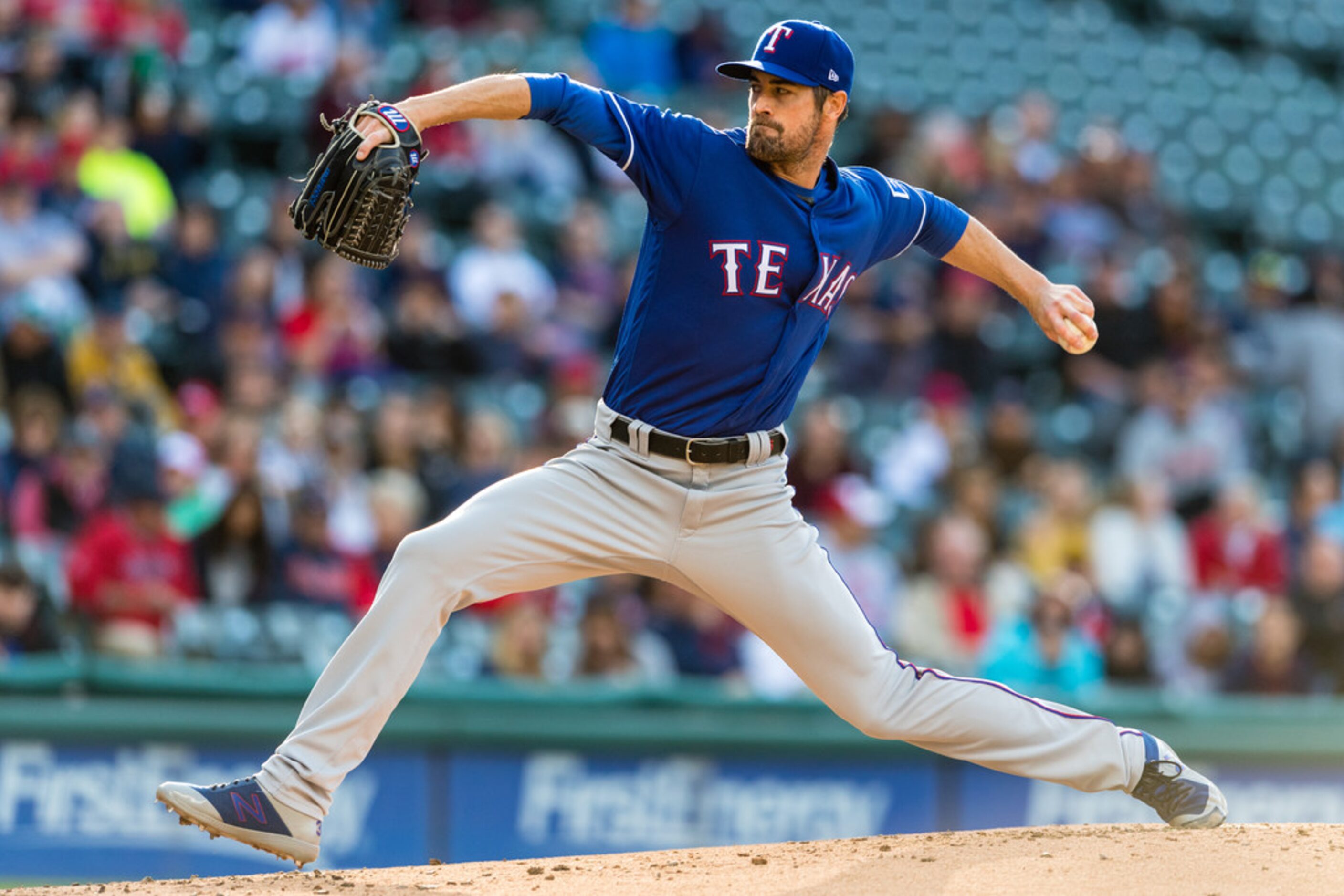 CLEVELAND, OH - APRIL 30: Starting pitcher Cole Hamels #35 of the Texas Rangers pitches...