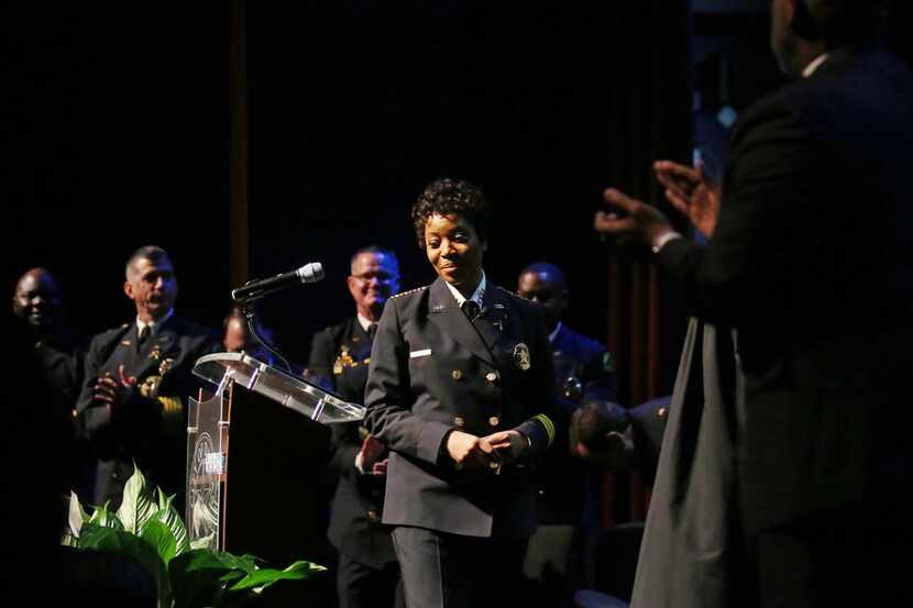 Dallas Police Chief U. Renee Hall was applauded after taking the oath of office at the...