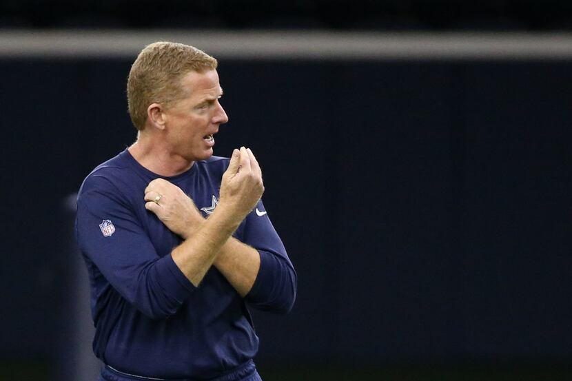 Dallas Cowboys head coach Jason Garrett gestures during Dallas Cowboys practice at The Star...