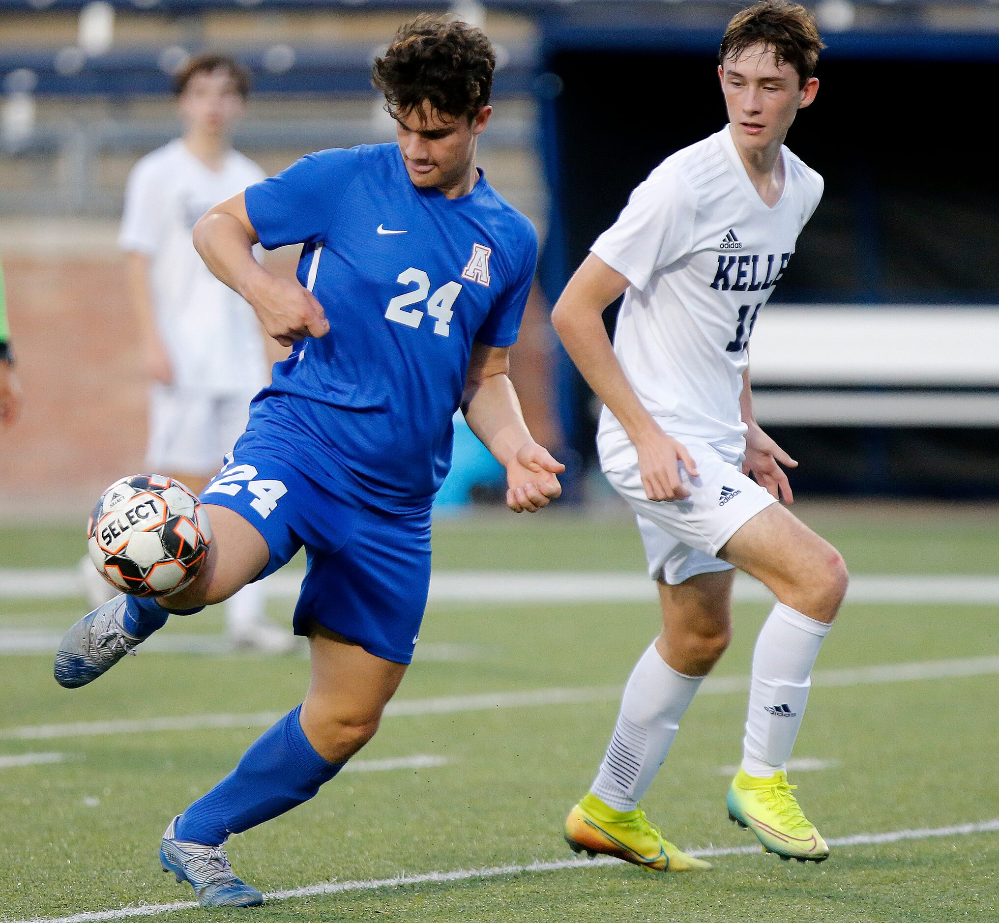 Allen forward Brendan Pipher (24) controls a pass in front of Keller Midfielder Dillon...