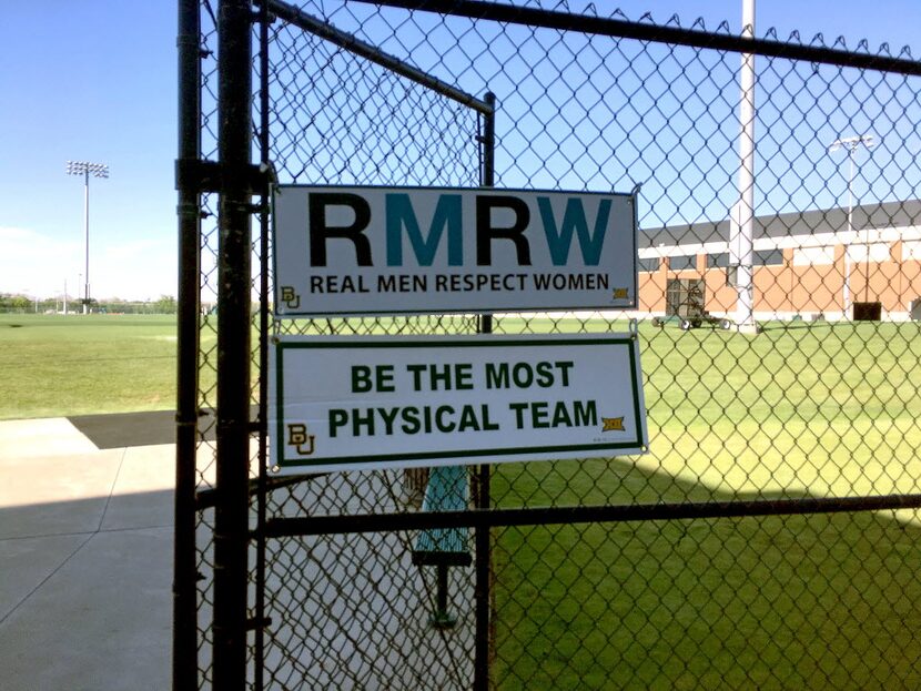 A sign at the entrance to the football practice field at Baylor University reminded players...