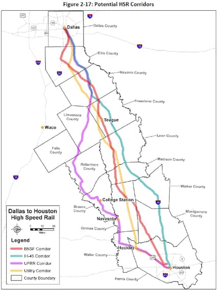 The yellow line is the one the feds say is the path of least resistance for the bullet train...