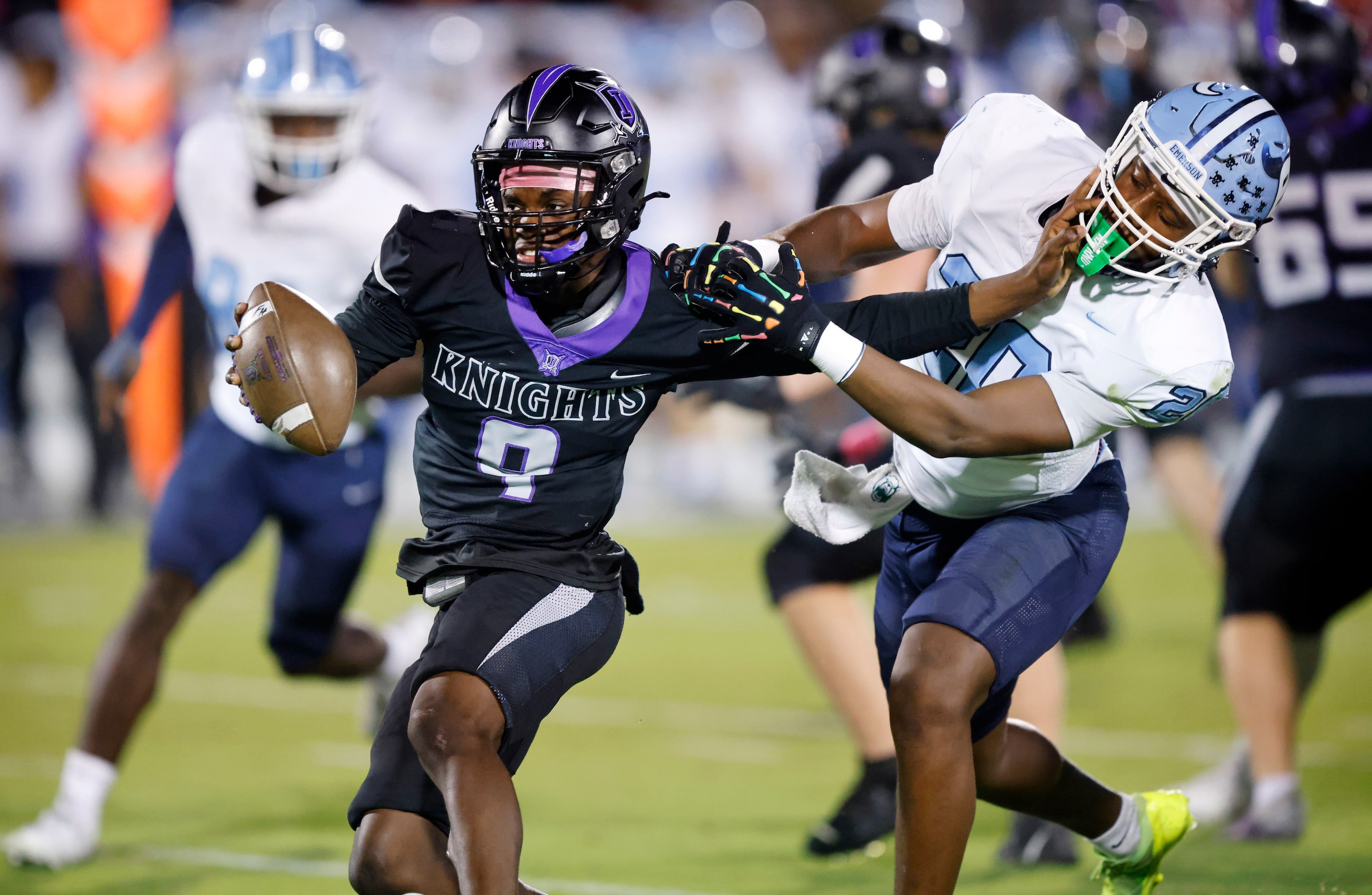 On fourth down, Frisco Emerson linebacker Jaxon Cannida (20) sacks Frisco Independence...