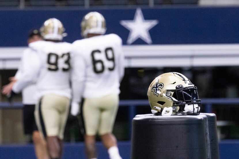 New Orleans Saints practice on Monday, Aug. 30, 2021, at AT&T Stadium in Arlington. The New...