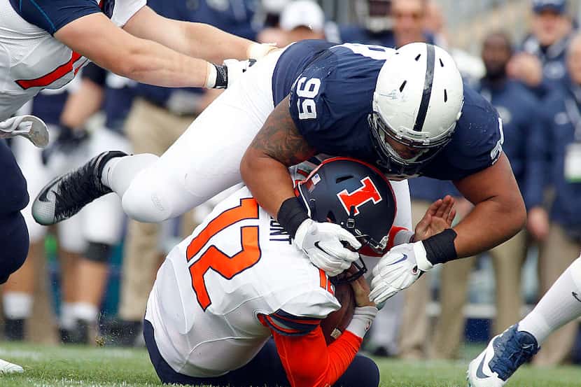 STATE COLLEGE, PA - OCTOBER 31: Austin Johnson #99 of the Penn State Nittany Lions sacks Wes...