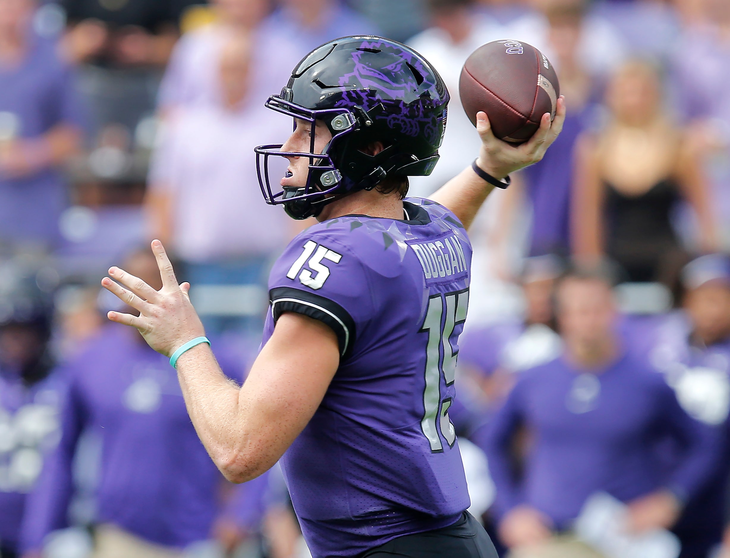 TCU Horned Frogs quarterback Max Duggan (15) throws a pass during the first half as the TCU...