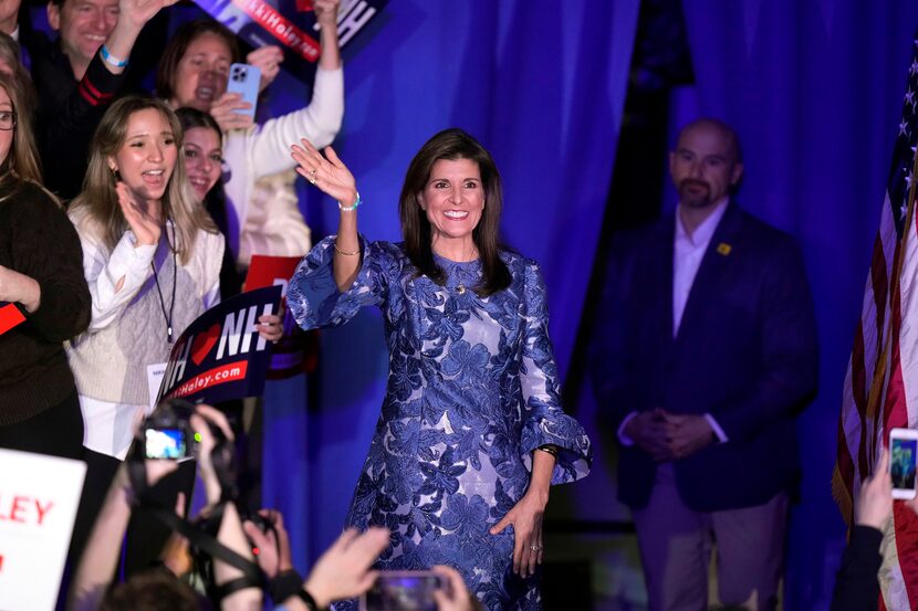 Republican presidential candidate former UN Ambassador Nikki Haley waves to the audience as...