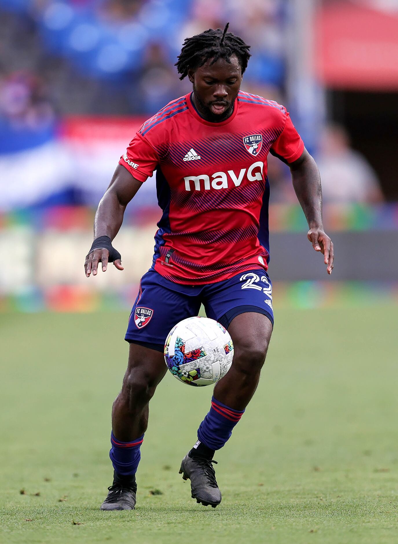 FC Dallas defender Ema Twumasi tries to control the ball against Minnesota United during the...