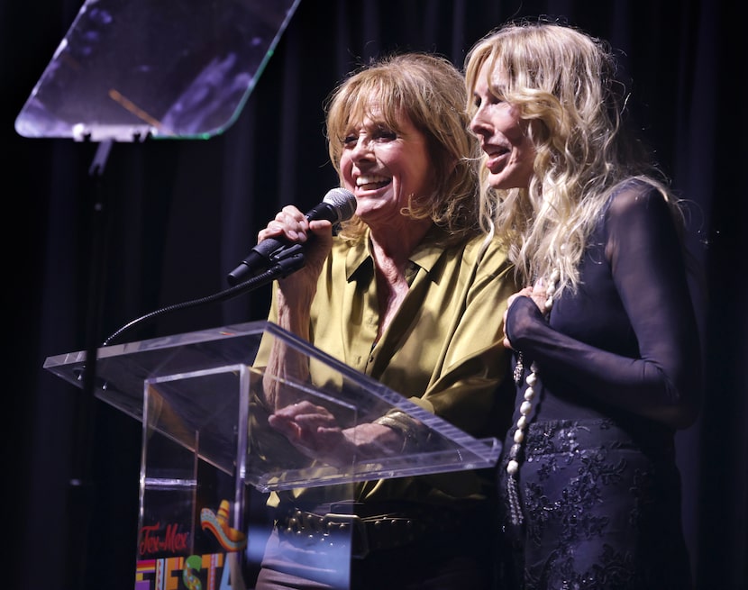 Linda Gray, left, and Alana Stewart speak during the Farrah Fawcett Foundation Tex-Mex...