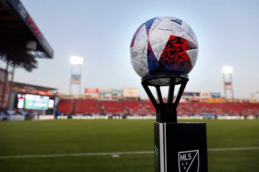 A soccer ball sits atop a stand before FC Dallas and Charlotte FC compete in a Leagues Cup...