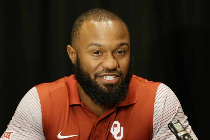 Oklahoma running back Samaje Perine speaks to reporters during the Big 12 college football...