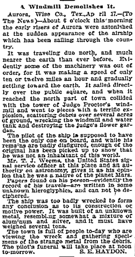 Story in 'The Dallas Morning News' April 19, 1897 says the pilot of the ship 'was not an...