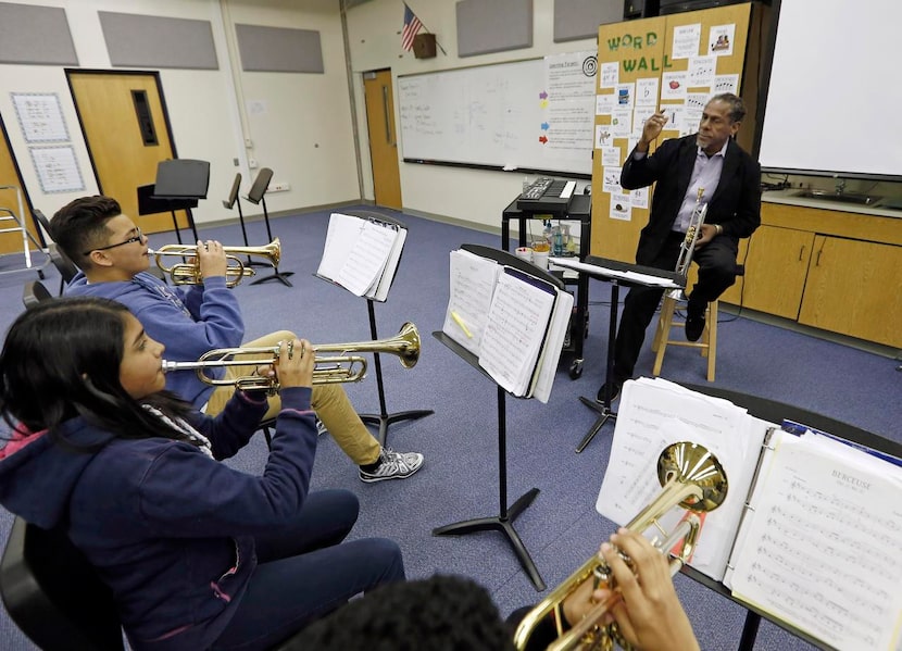 
Trumpets4Kids founder Freddie Jones leads a handful of trumpeters during a music class at...