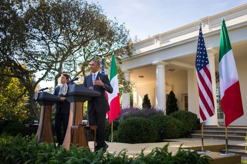 President Barack Obama and Italian Prime Minister Matteo Renzi during a joint news...
