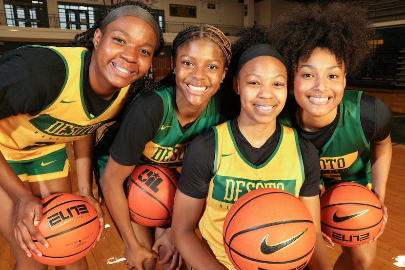 Desoto High School freshman Amari Byles (24), Rieyan DeSouze (3), Kamora Pruitt (35) and...