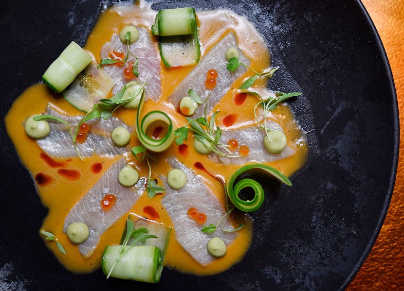 Yellowtail tiradito with rocoto, avocado and cucumber 