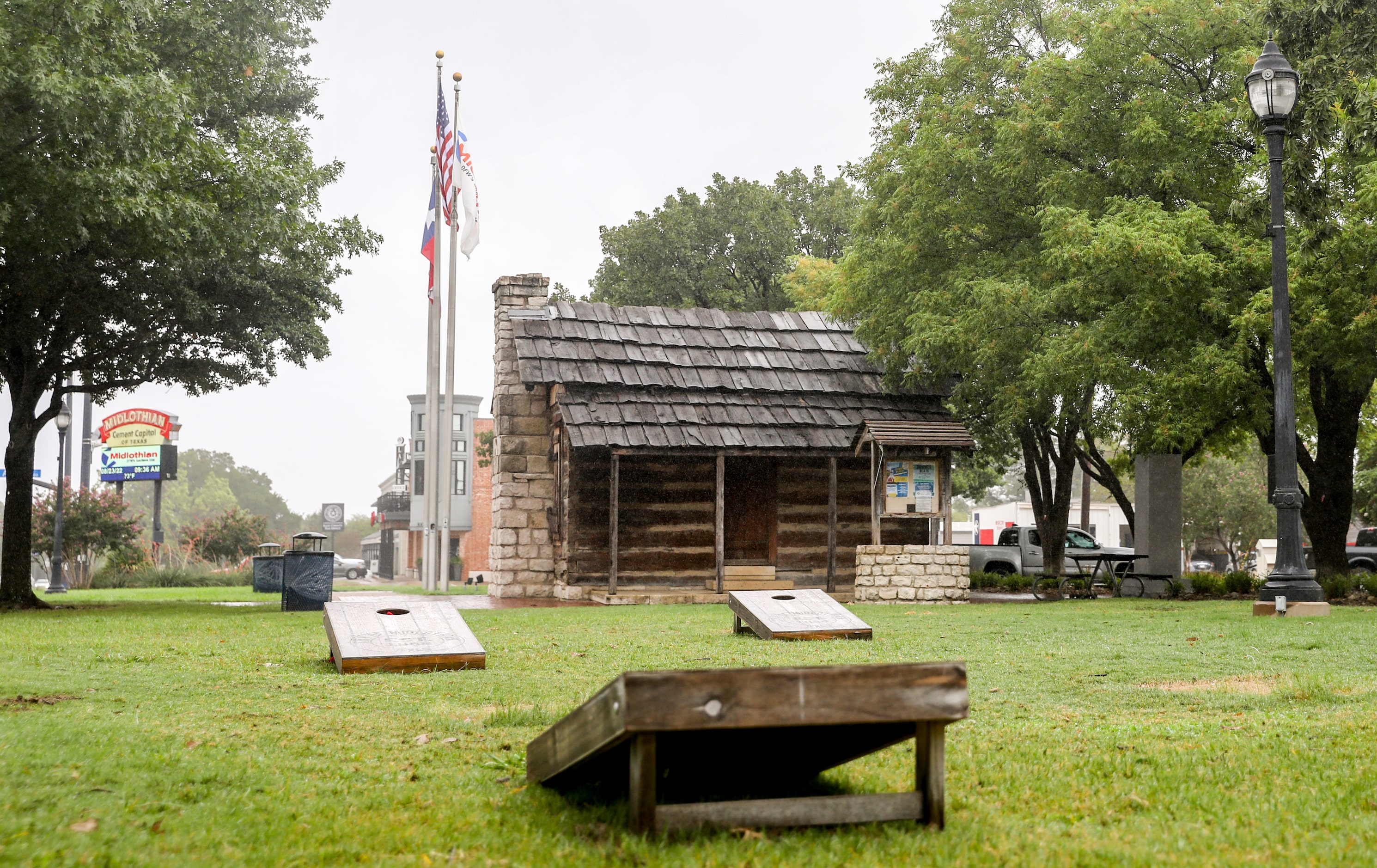 Cornhole boards sit on the grass of Midlothian’s Heritage Park in downtown.