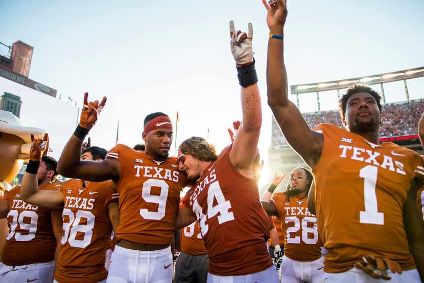 Texas Longhorns celebrate a 23-17 win over the Baylor Bears on Saturday, October 13, 2018 at...