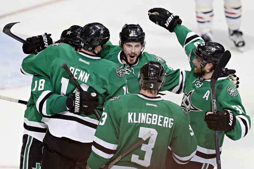 Dallas Stars center Tyler Seguin (91) celebrates a goal during the first period against the...