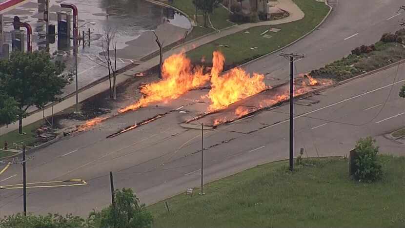 A aerial photo of a natural gas leak that led to a fire around Mayfield Road and Forum Drive...