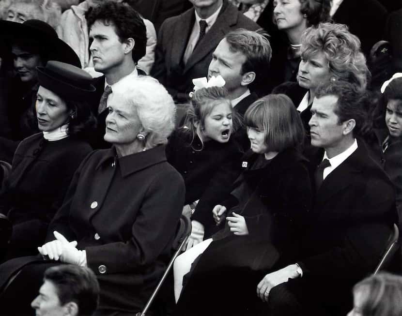 Barbara Bush watches as her husband George H.W. Bush is inaugurated president of the United...