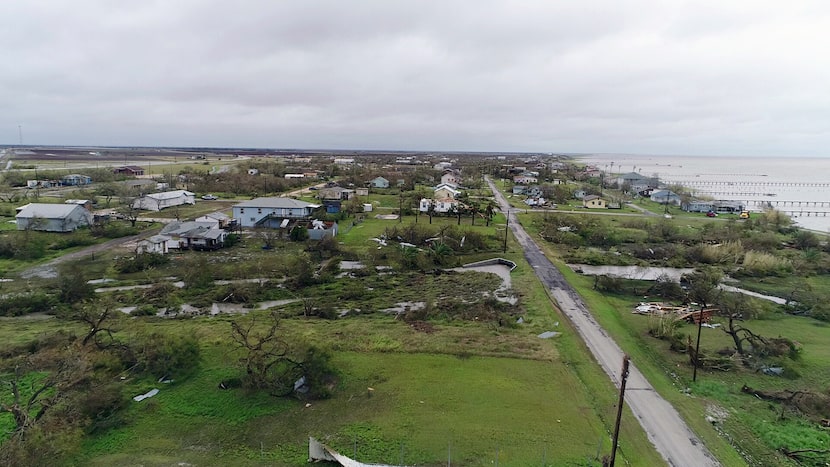 This aerial image shows damage from Hurricane Harvey on Monday, Aug. 28, 2017, in Bayside,...