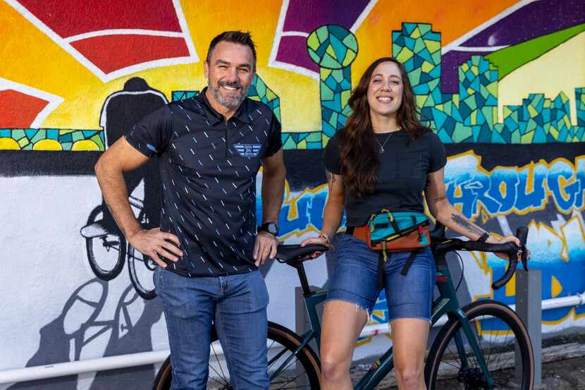 Dallas Bike Works owner Boyd Wallace stands with Pull Through Coffee owner Christina James....