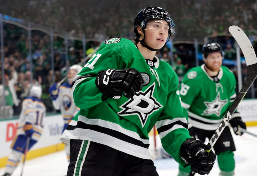 Dallas Stars left wing Jason Robertson (21) celebrates his first period goal against the...