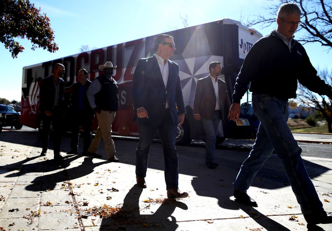 Sen. Ted Cruz walked off of his campaign bus as he arrives at a Get Out The Vote Bus Tour...