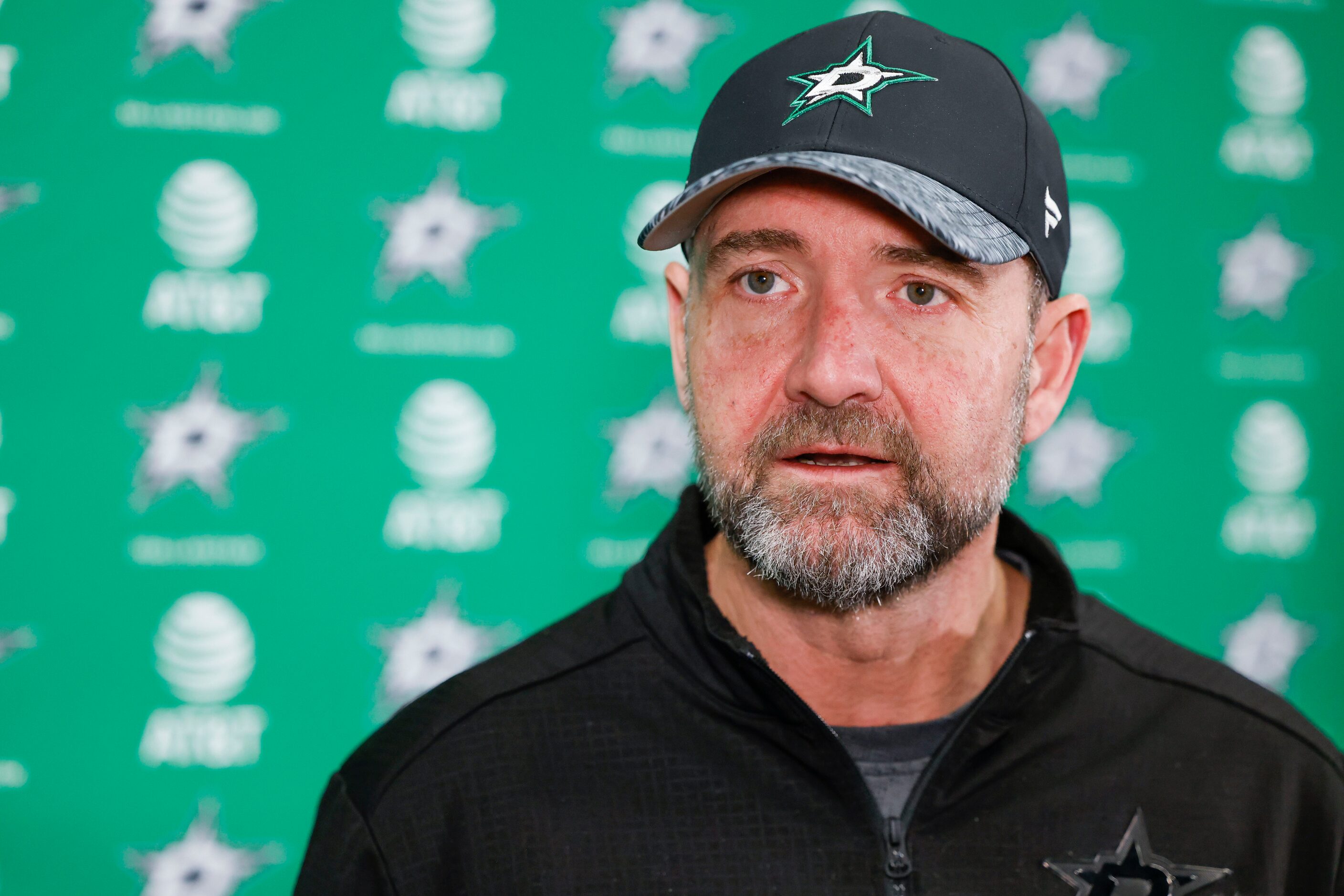 Dallas Stars head coach Peter DeBoer speaks during Dallas Stars season wrap news conference...