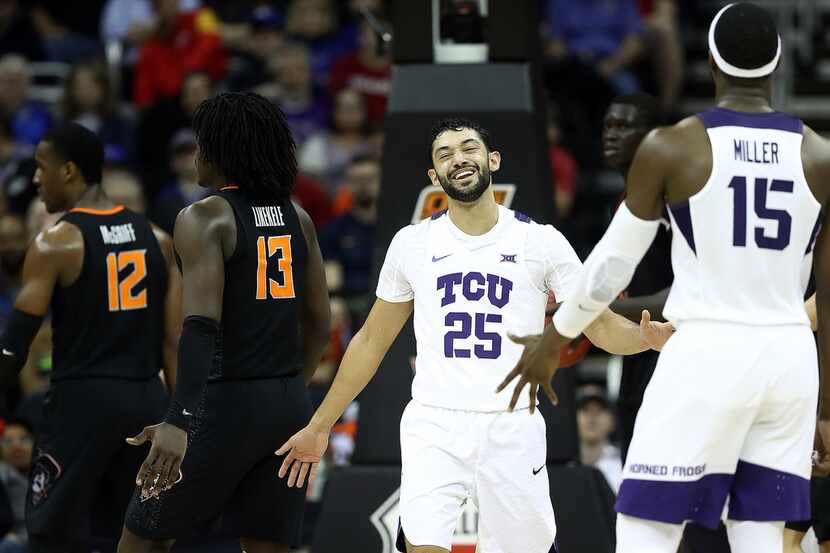 KANSAS CITY, MISSOURI - MARCH 13:  Alex Robinson #25 of the TCU Horned Frogs smiles after...