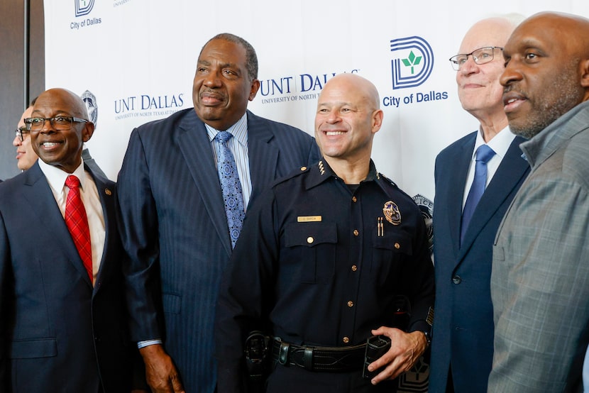 Mayor Pro Tem Tennell Atkins (from left), state Sen. Royce West, Dallas police Chief Eddie...