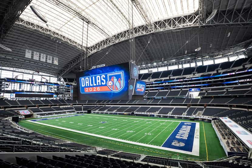 Dallas 2026 logos were shown on the giant video board at AT&T Stadium in 2021 when FIFA...