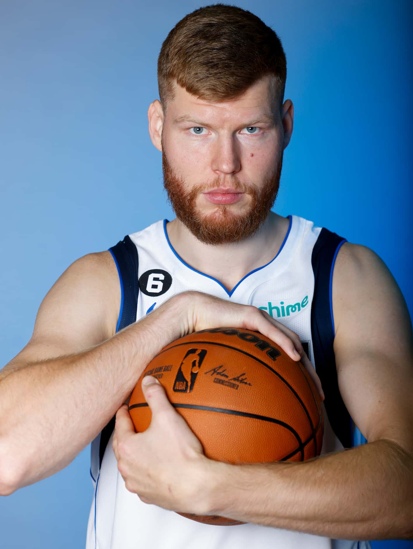Dallas Mavericks’ Davis Bertans is photographed during the media day at American Airlines...
