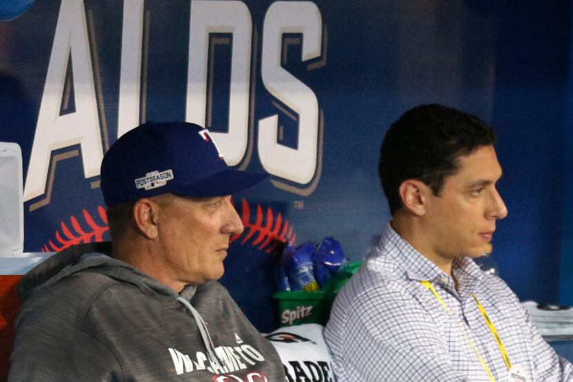 Texas Rangers manager Jeff Banister, left, and general manager Jon Daniels are pictured in...