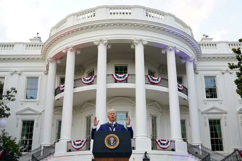 President Joe Biden speaks during a Fourth of July celebration on July 4, 2021, at the White...