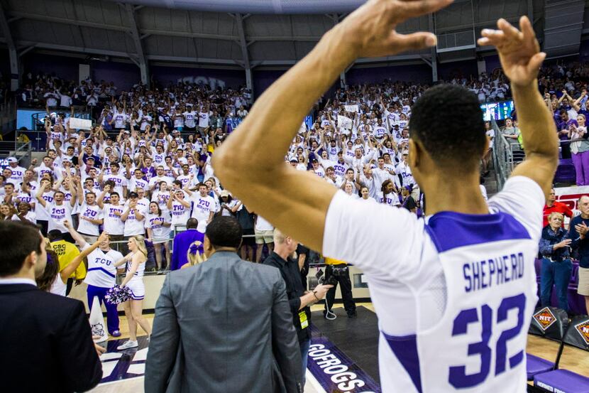 TCU Horned Frogs forward Karviar Shepherd (32) gets the crowd excited after an 86-68 win of...