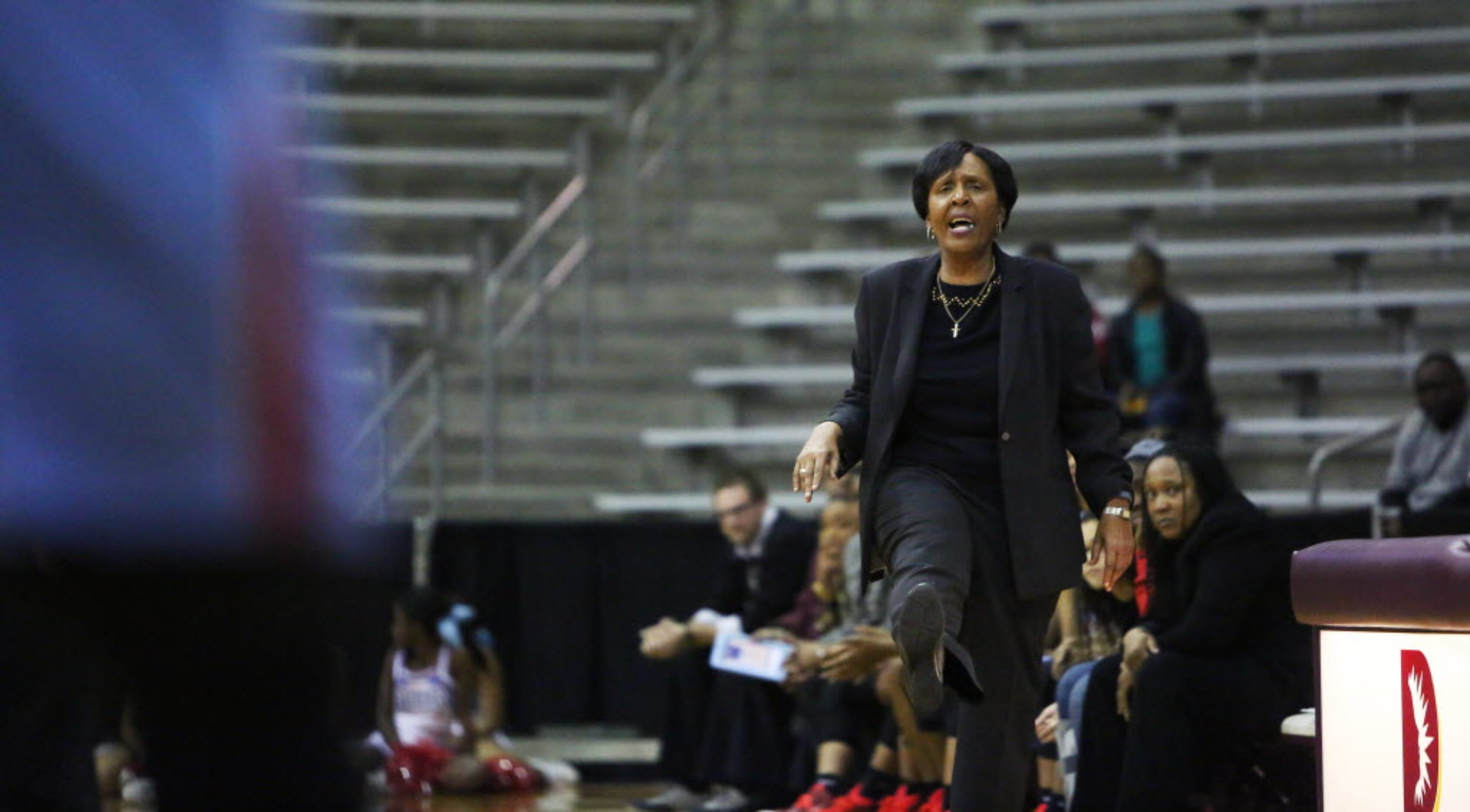 Dallas Skyline head coach Cassandra McCurdy calls a play for her team during the second half...