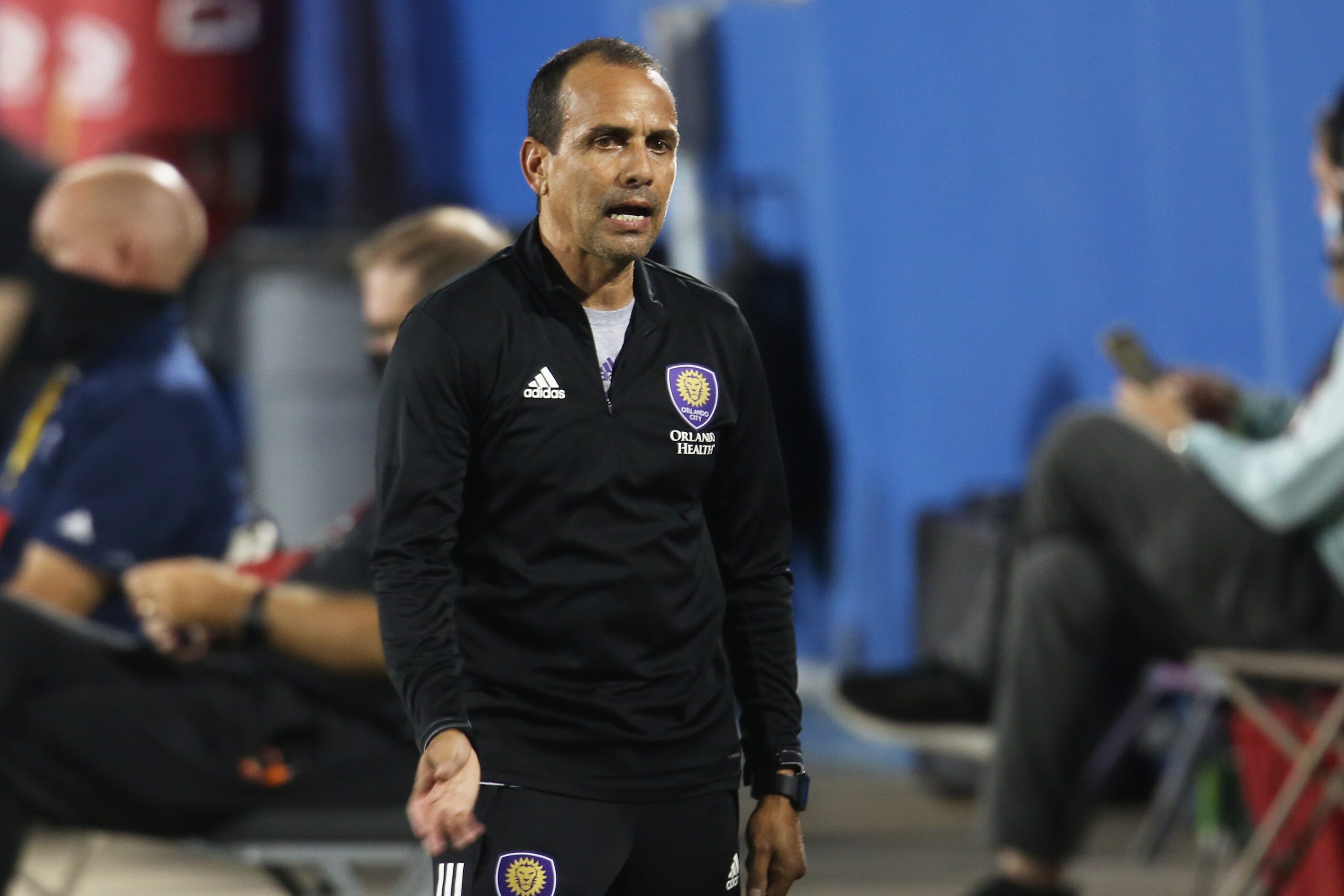 FRISCO, TX - SEPTEMBER 27: Head Coach of Otlando City Oscar Pareja reacts during MLS Game...