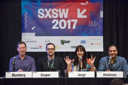 (Left to right) David Blumberg, Matthew Cooper, Tanis Jorge, and Anthony Heckman sit on a...