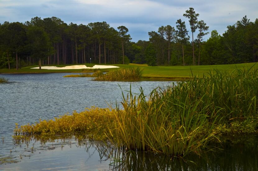 Water and marsh follow the fairway to the par 5, No. 5 green at Whispering Pines Golf Club...