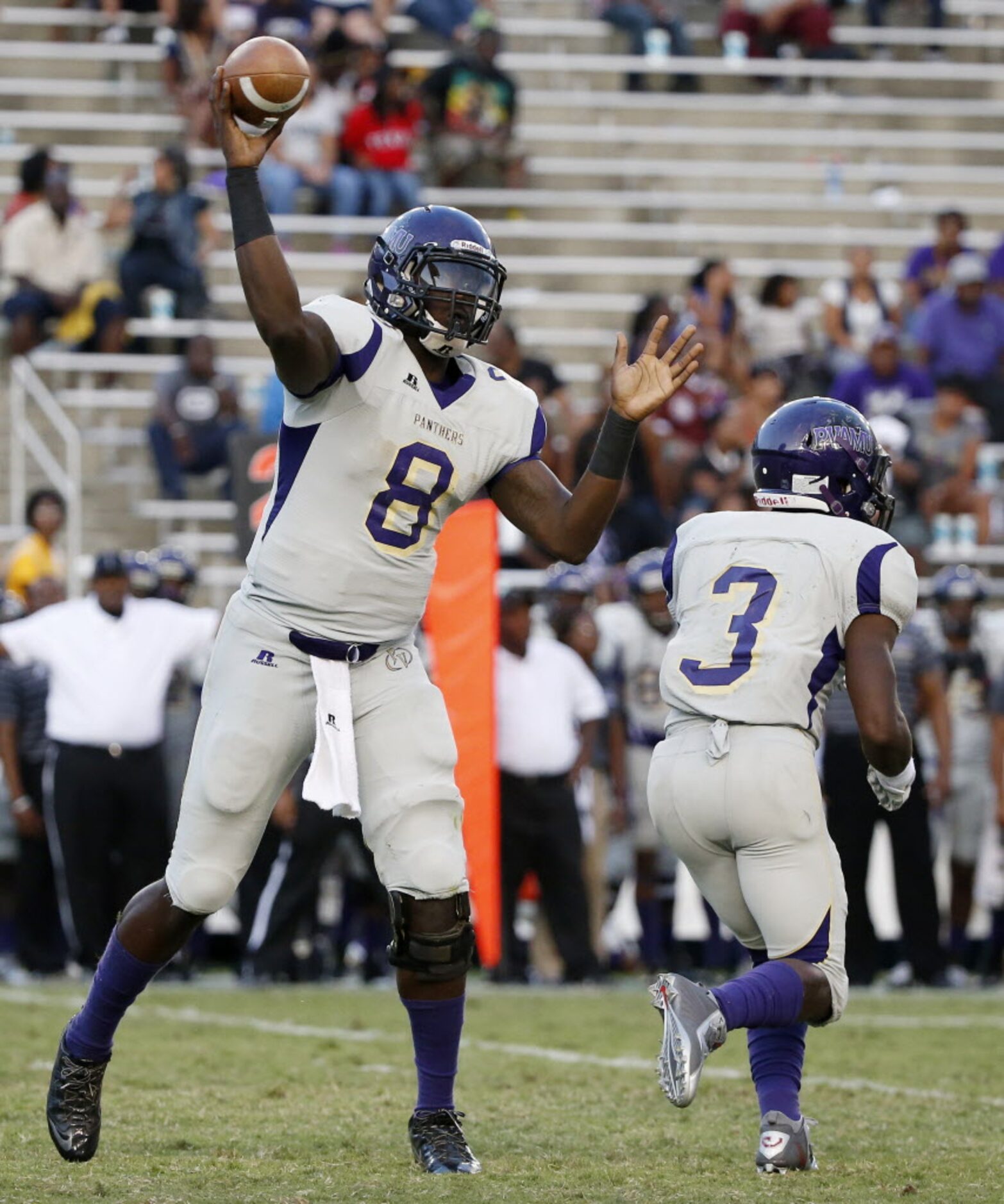 Prairie View A&M quarterback Jerry Lovelocke (8) throws the ball in the second half during a...