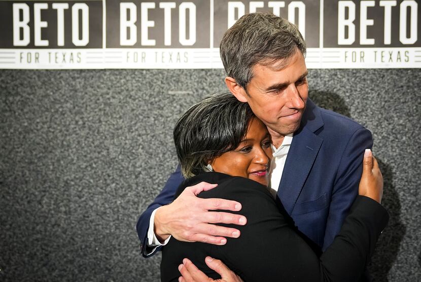 Democratic candidate for governor Beto O'Rourke hugs State Rep. Rhetta Bowers after...