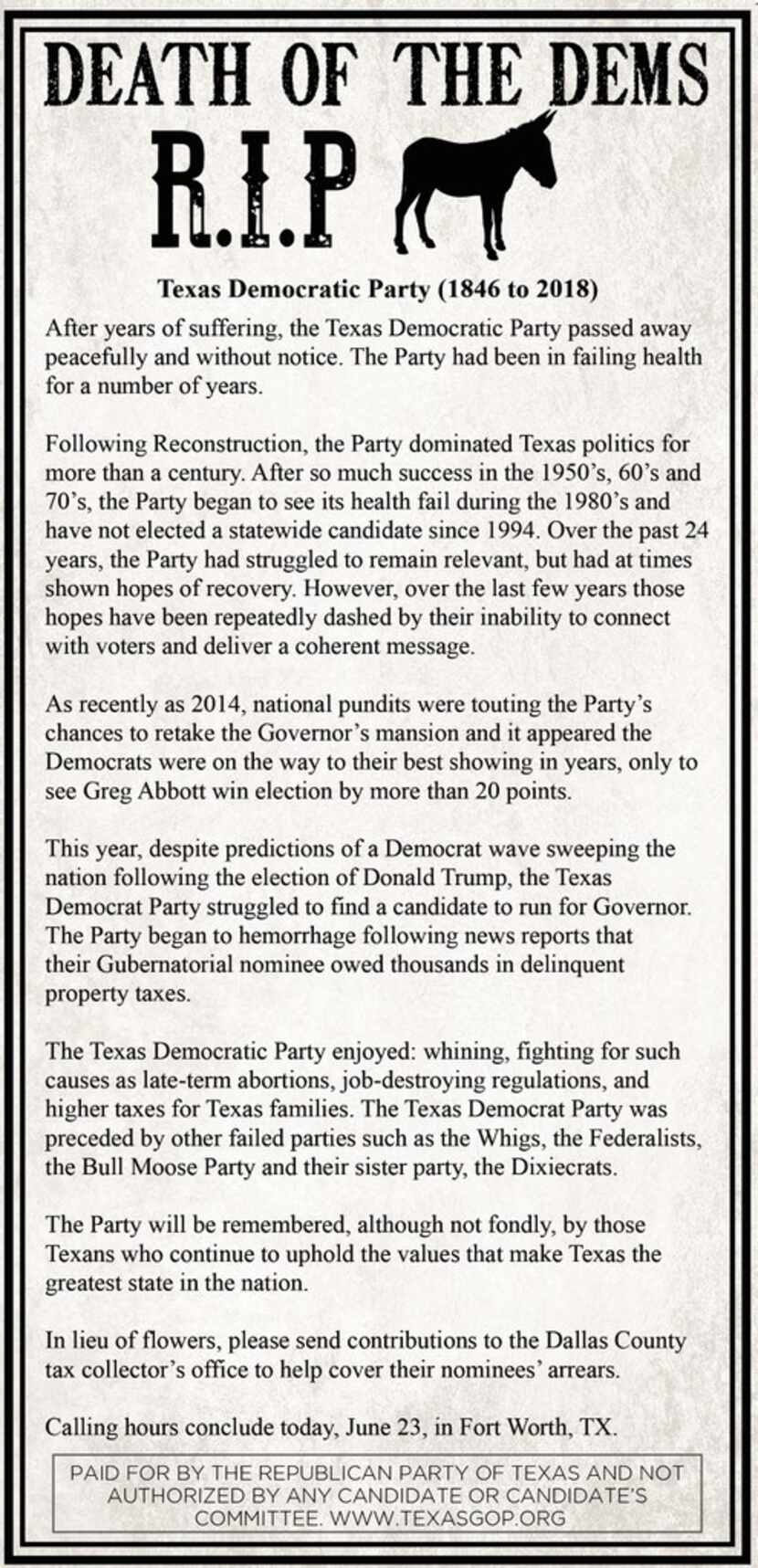 The Republican Party of Texas is running an ad designed to look like an obituary in The Fort...