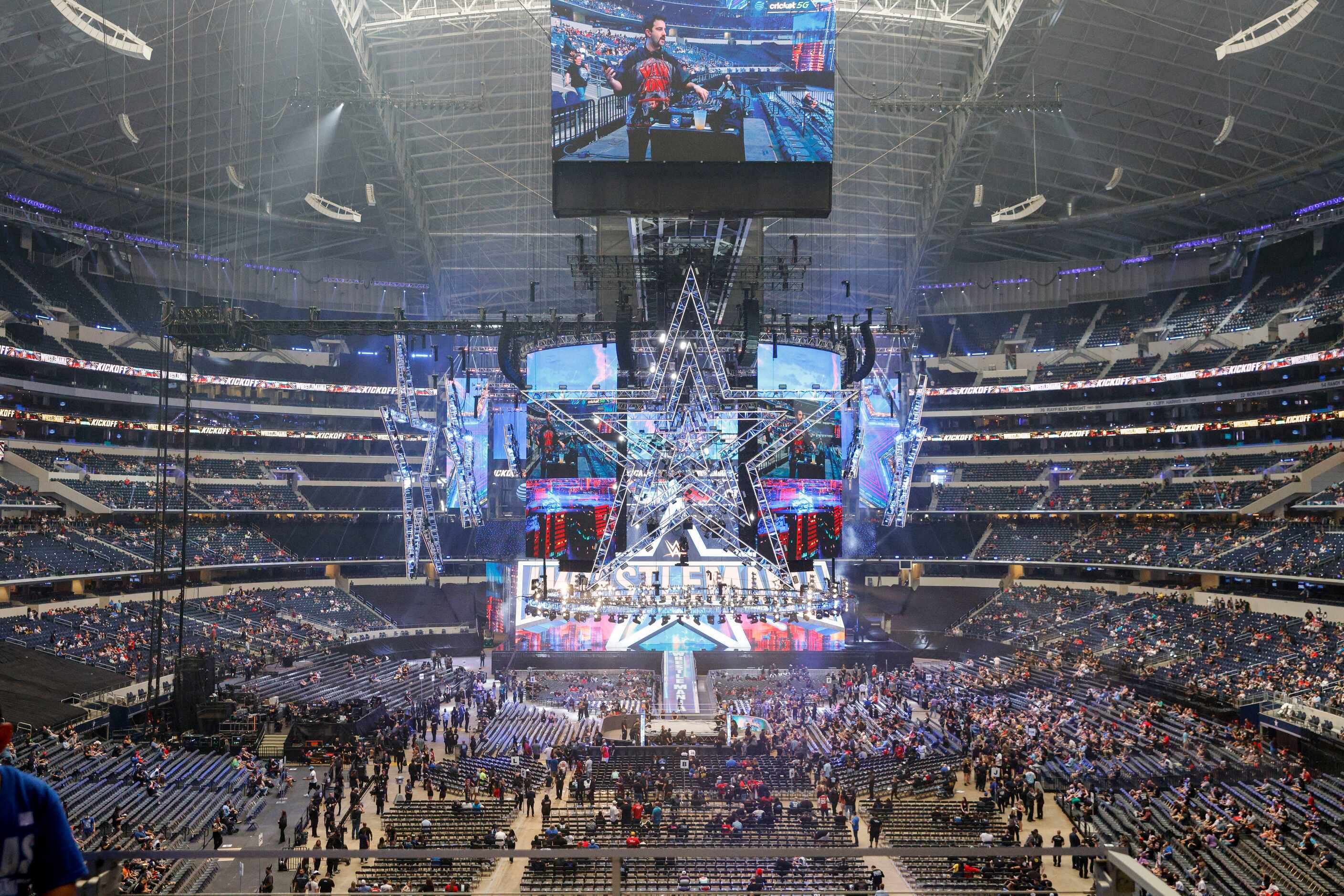 DJ Valentino Khan keeps fans entertained before WrestleMania Sunday at AT&T Stadium in...