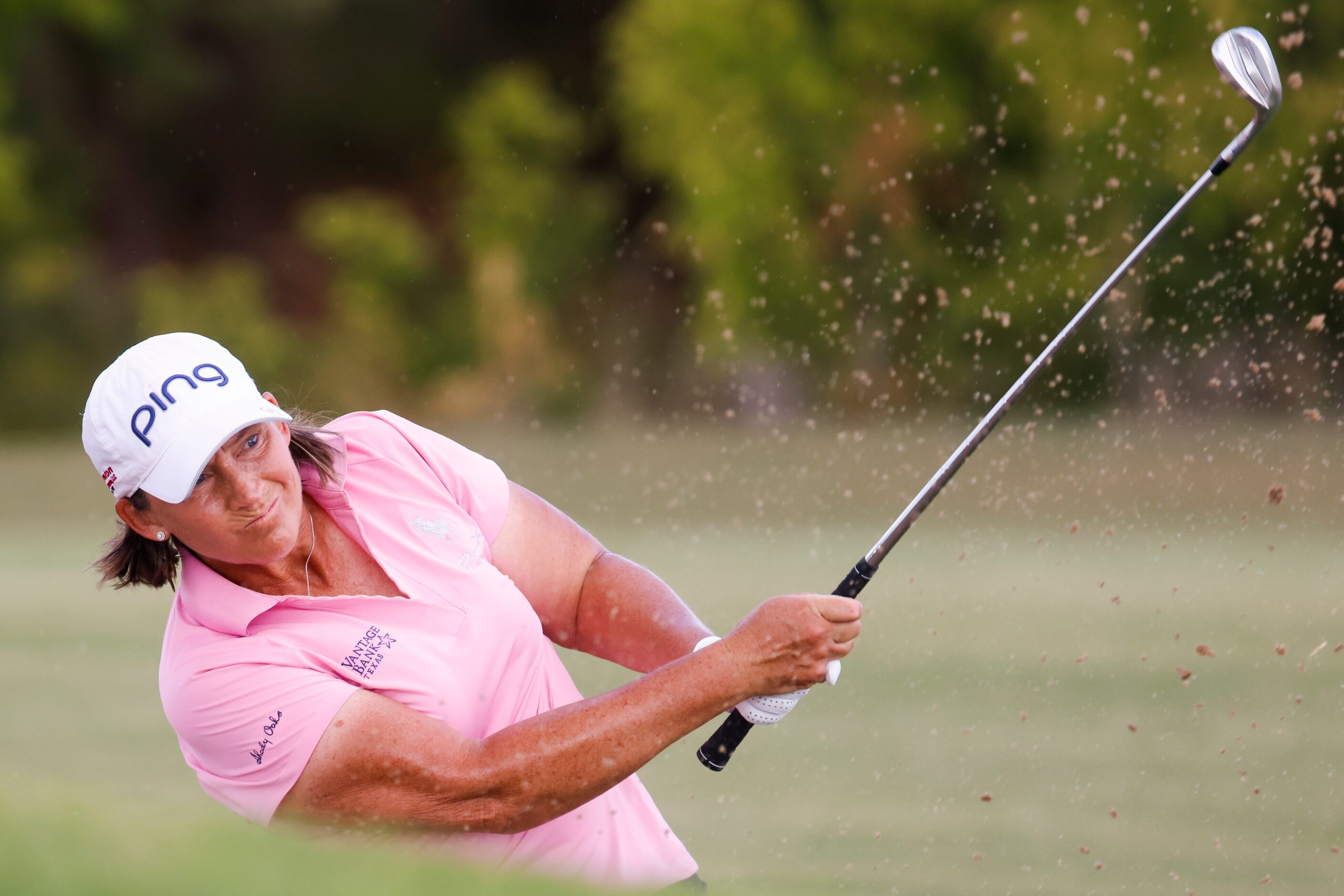 Angela Stanford of United States hits out off the sand trap on the sixth fairway during the...