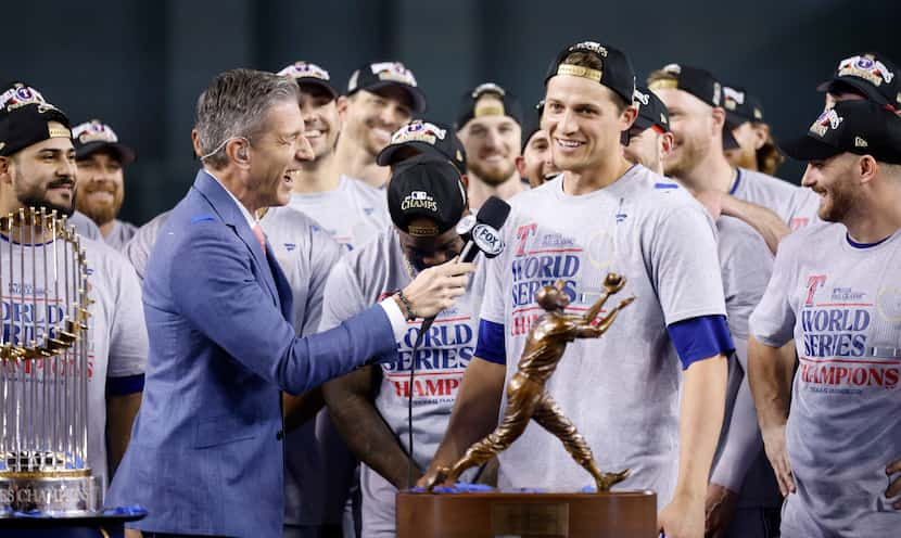 Texas Rangers shortstop Corey Seager (5) smiles as he’s interviewed on stage before being...